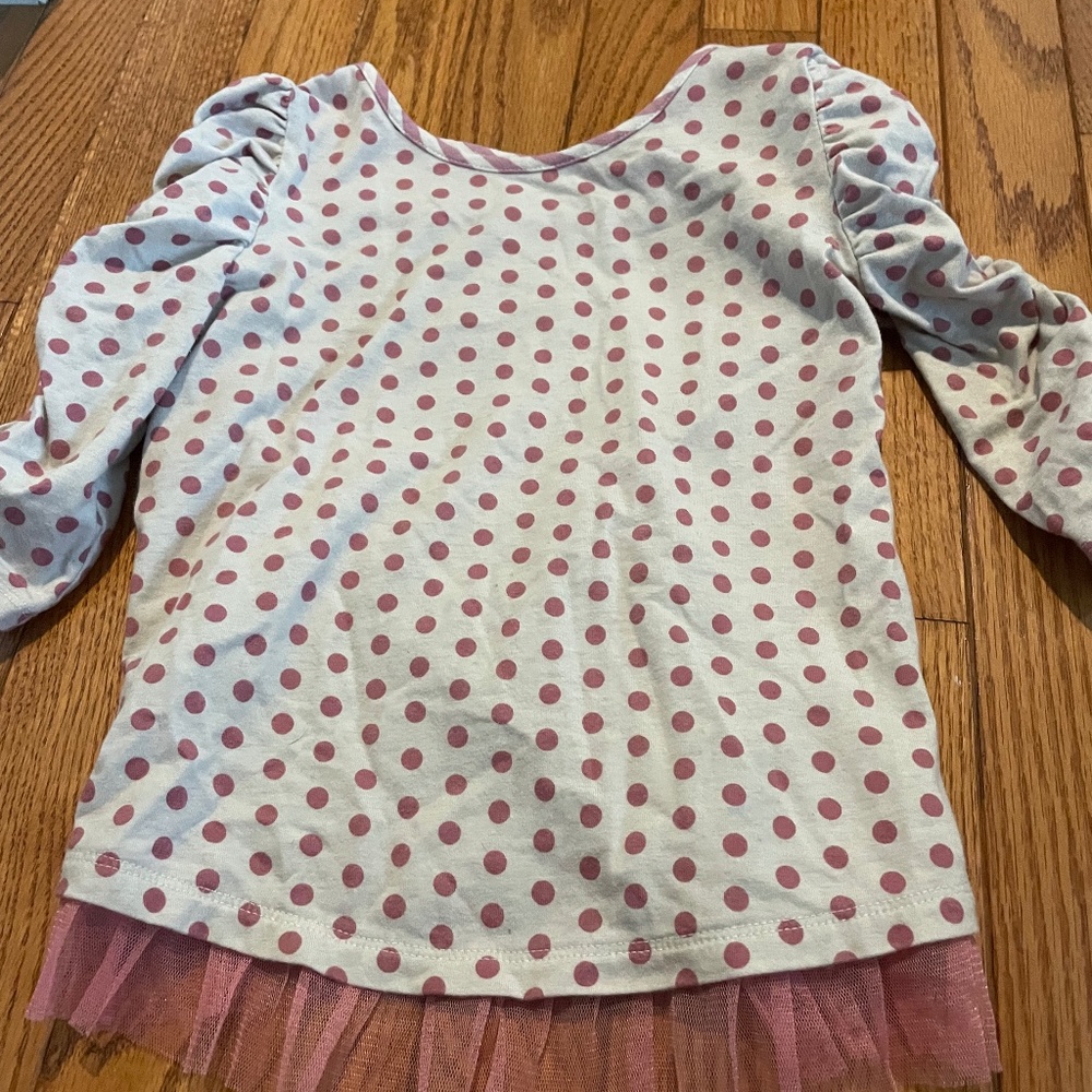 White and pink polkadot, long sleeve shirt size 6 Matilda, Jane